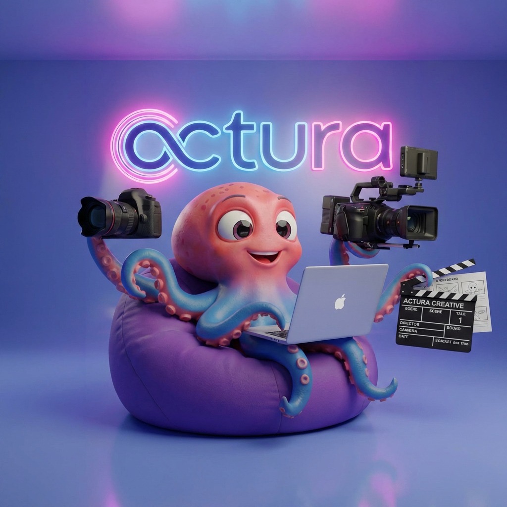 Octura's animated octopus creator with cameras, a laptop and a clapperboard